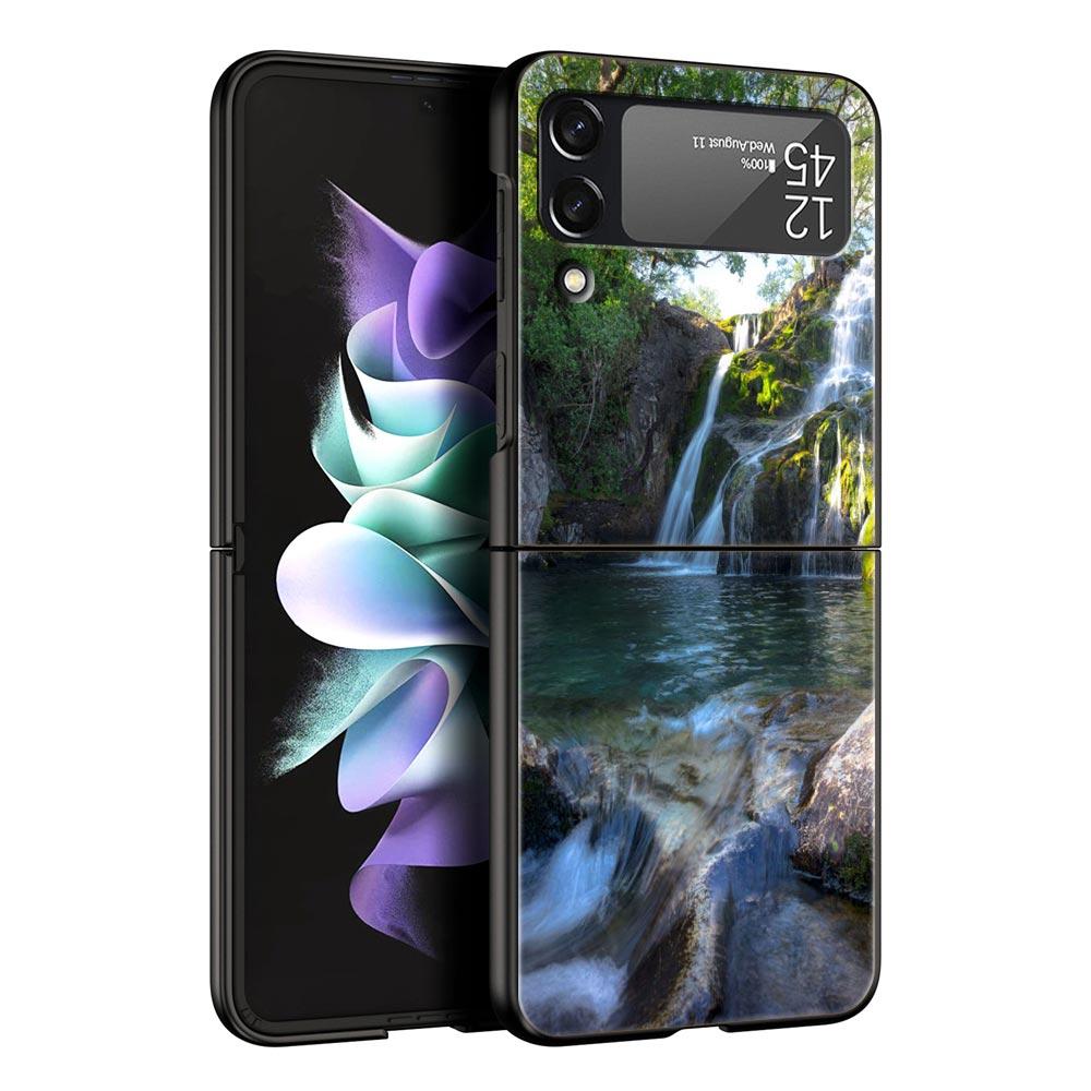 Z Flip 4 Phone Case for Samsung Galaxy Z Flip 3 5G ZFlip3 Flip3 Zflip Flip4 Black Hard Cover Waterfall Nature Trees Ship Shell