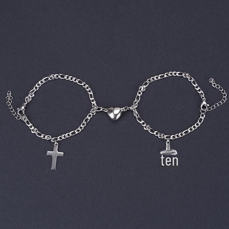 European & American Magnetic Love Lock Bracelet Pair: Stainless Steel Heart-Key Design for Couples