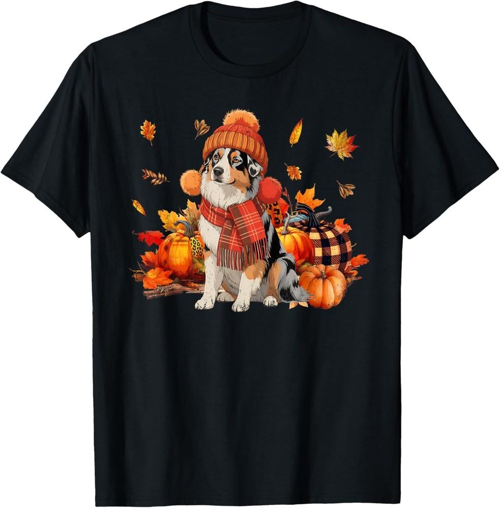 

Australian Shepherd Dog Fall Scarf Leopard Pumpkins Autumn TShirt Unisex T-Shirt M