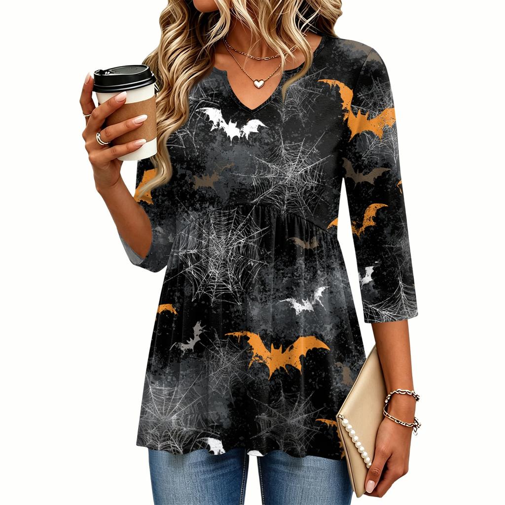 Women's Casual V-Neck Three-Quarter Sleeve Blouse with Halloween Print for Fall Parties