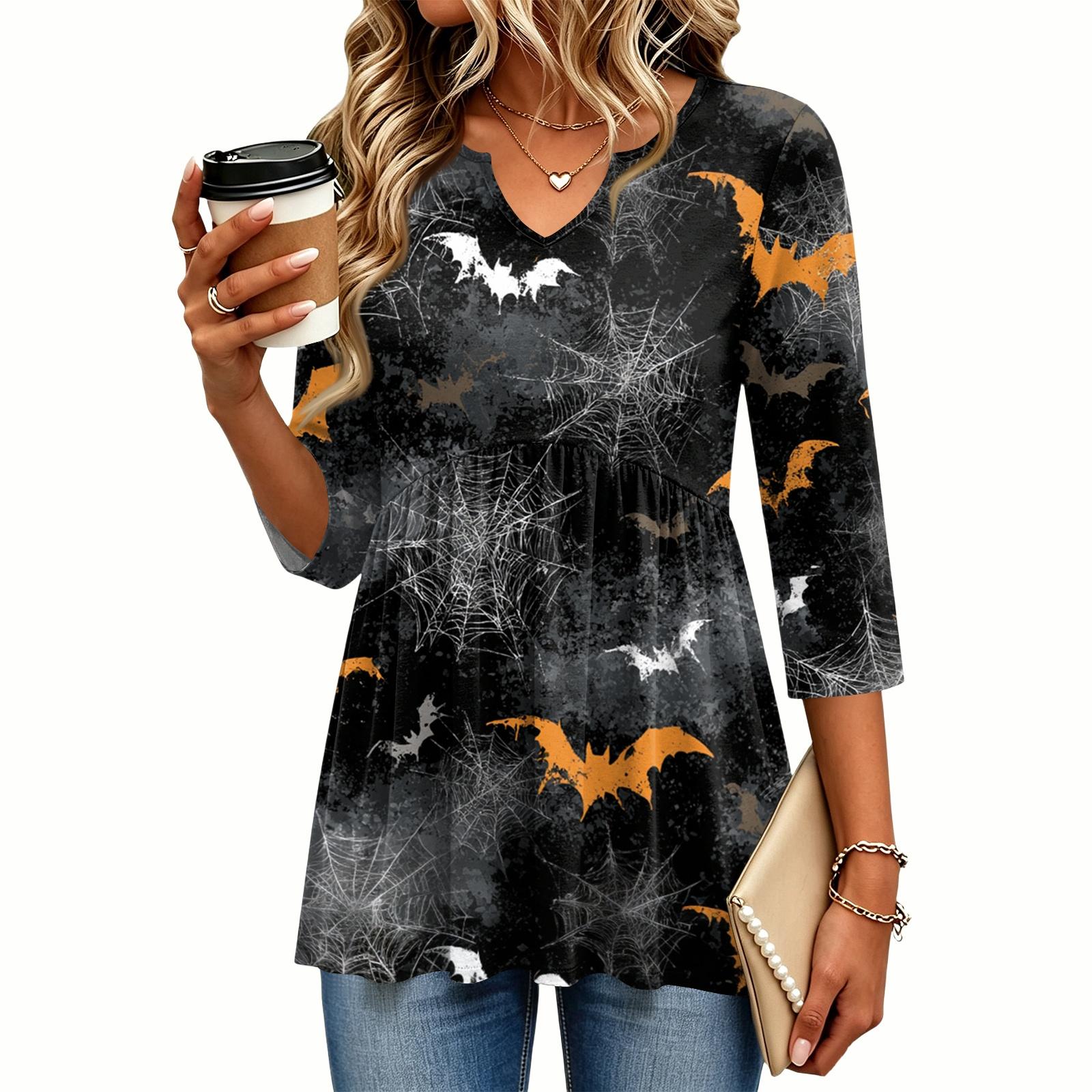 Women s Casual V-Neck Three-Quarter Sleeve Blouse with Halloween Print for Fall Parties XXL