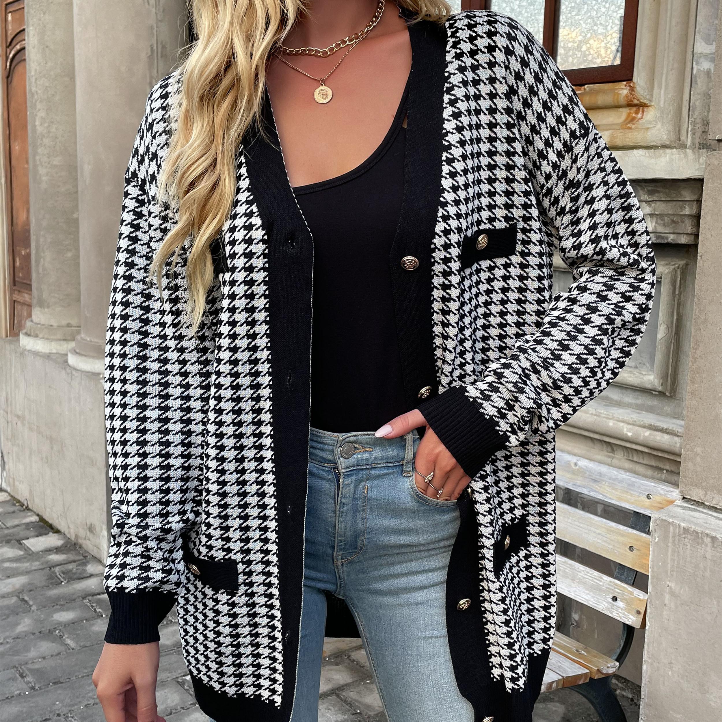 

Женские модные повседневные куртки и пальто с принтом «гусиные лапки» на осень и зиму с длинными рукавами S чёрный/белый