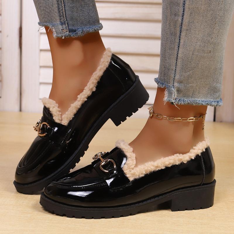 Women's Autumn British Style Leather Shoes - Low-Medium Heel, Fleece-Lined, Versatile