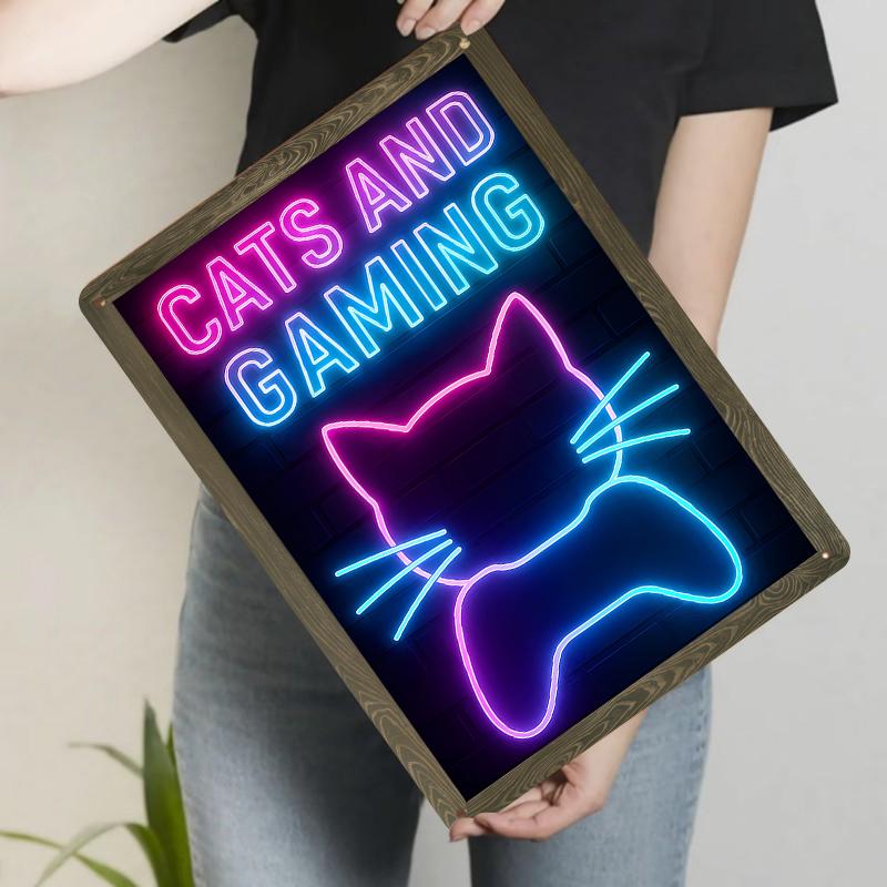 

Neon Style Cat Gaming Controller Pattern Metal Tin Sign Home Decor Wall Art 20x30cm（7.8x11.8inch）