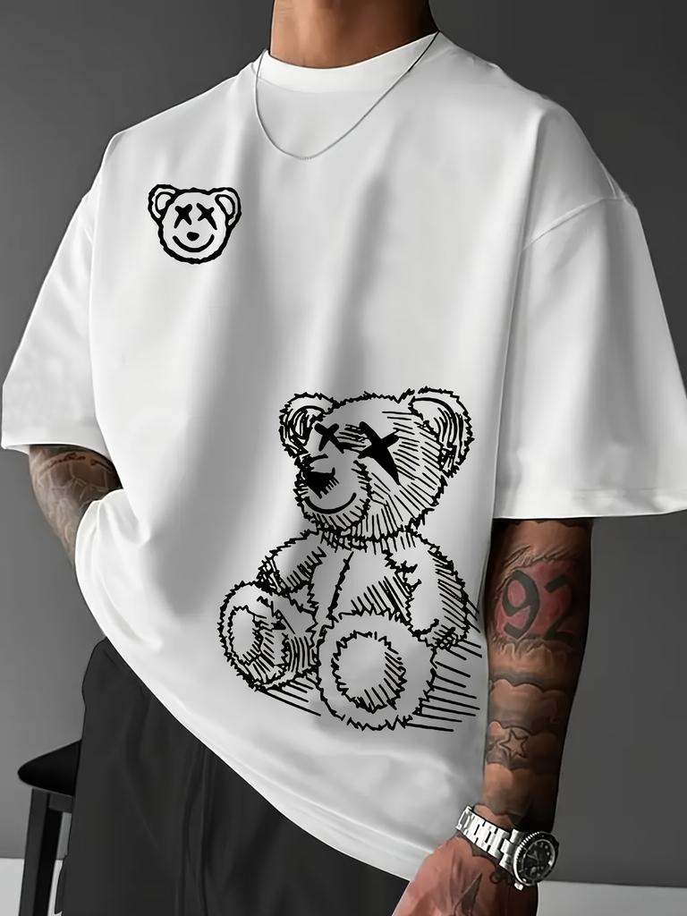 Summer mens 100 pure cotton casual sports loose and fashionable cartoon bear pattern printed round neck short sleeved Tshirt
