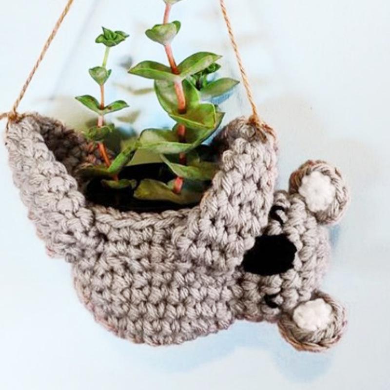 

Подвеска в виде ленивого медведя из дерева, вязаный вручную цветочный горшок для балкона, офиса, стола, подвесное украшение из полиэстера серый