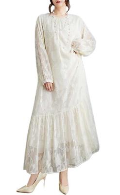 Maxi Largo Largo Acoplamiento Redondo Largo Maxi Midi Holgado Sólido Malla Elegante y Estiloso Talla Única Se Adapta [Mouhoukyo] Vestido de Mujer, Manga, Vestido, Vestido, Cuello,