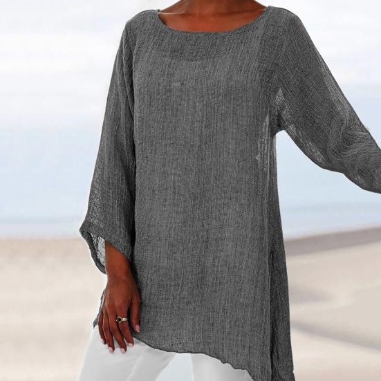 Casual Solid Color Long Sleeve Irregular T-Shirt Women Cotton Linen Tunic Top