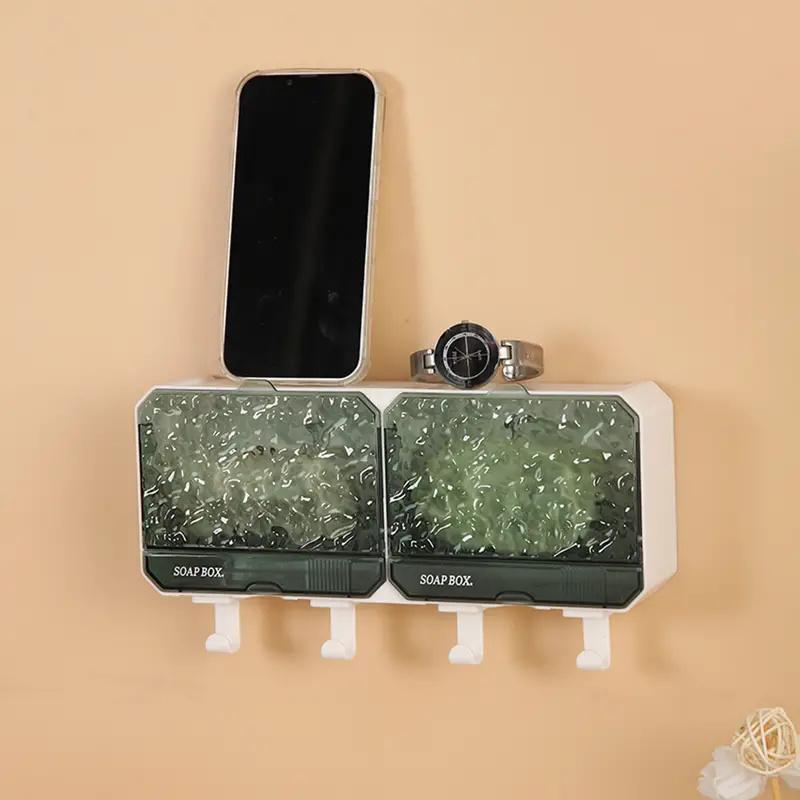 1Pc Rectangle Plastic Soap Dishes with Drain Tray and Hooks Wall Mounted Luxurious Wave Pattern Flip Cover Soap Box Holder