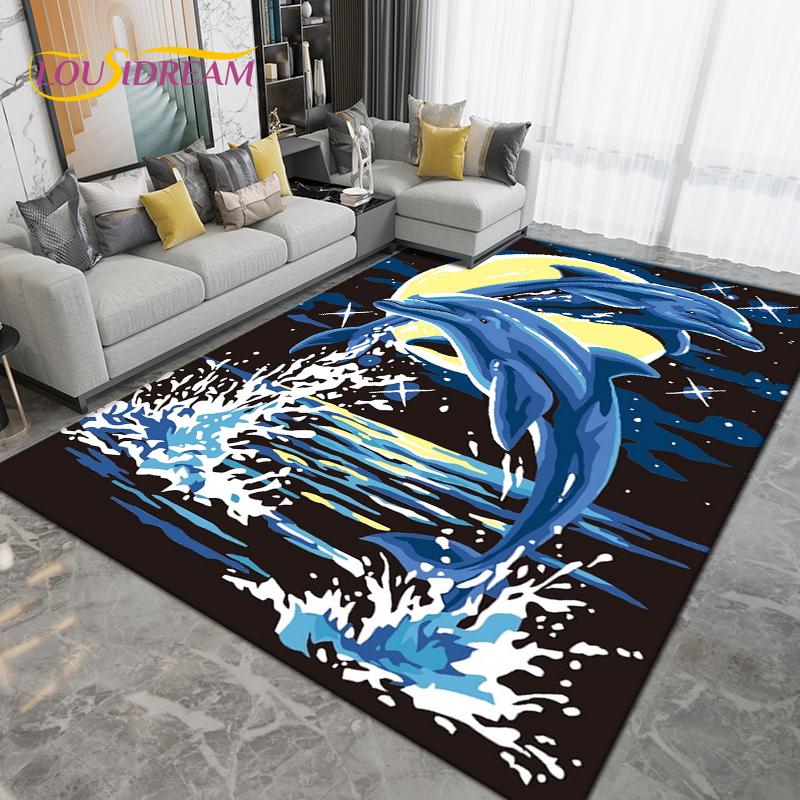Ocean Underwater World Fish Dolphin Octopus Area Rug,Carpet Rug for Living Room Bedroom Sofa,Kitchen Bathroom Non-slip Floor Mat