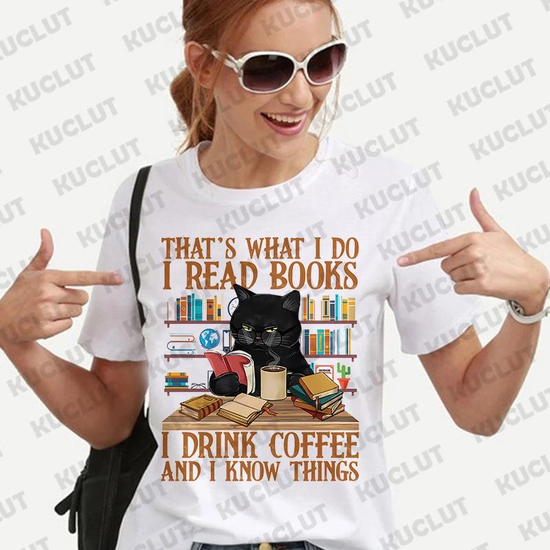 Hemden für Unisex-Kleidung Niedliche Katze Buch Shirt Das ist, was ich tue Ich lese Bücher Ich trinke Kaffee Grafik-T-Shirts Buchliebhaber T-Shirts Oberteile