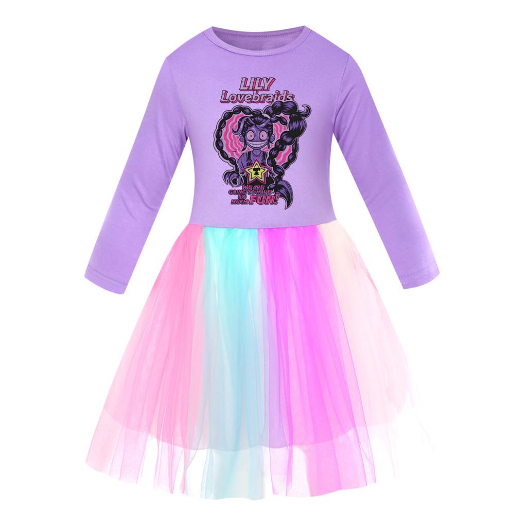 5581 Модное хлопковое платье-сетка для девочек с принтом «Лилия Любовь Косы» 110cm