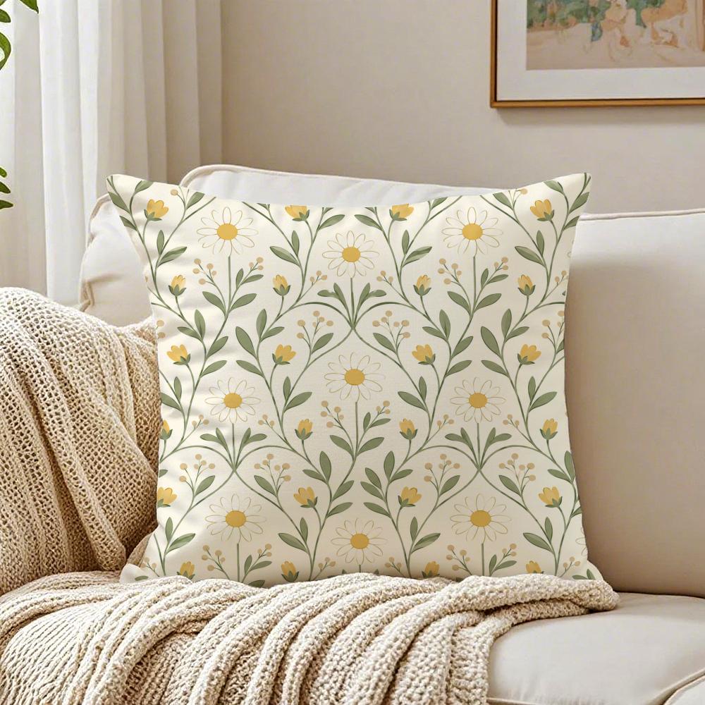 Boho Neutral Daisy Vine Pillow Case Organic Short Plush Cushion Covers Breathable Washable WrinkleResistant