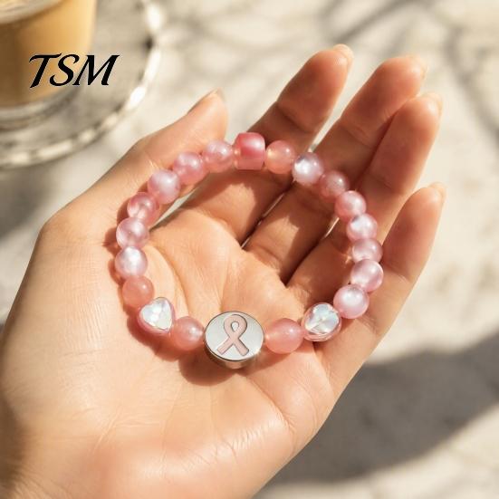 Durable Alloy Ribbon Wrist Jewelry Breast Cancer Awareness Bracelets, Charm Beads Elastic Beaded Bracelet for Women Bracelet, Encouragement
