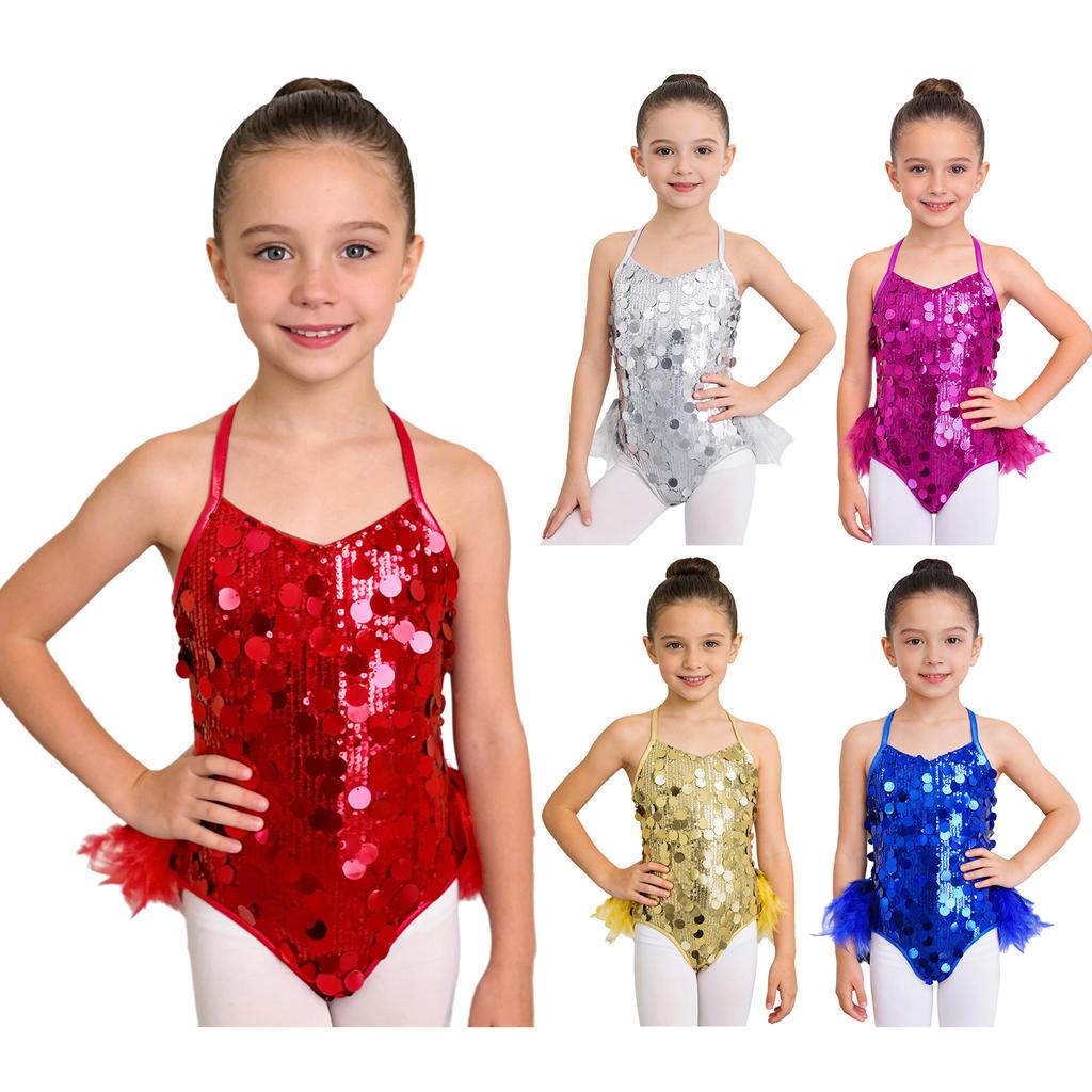 Kids Girls Ballet Dance Costume Sparkly Sequins Sleeveless Jazz Latin Feather Skirted Leotard Ballroom Dance Dress Clothes