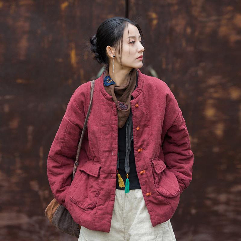 Winter Women's Ramie Quilted Quilted Warm Cotton Clothes Improved Disc Buckle Stand-up Collar All-match