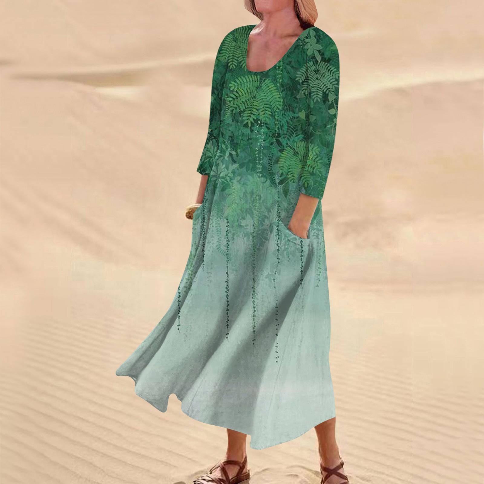 

Женское повседневное удобное хлопковое карманное платье с цветочным принтом и рукавами три четверти L зелёный