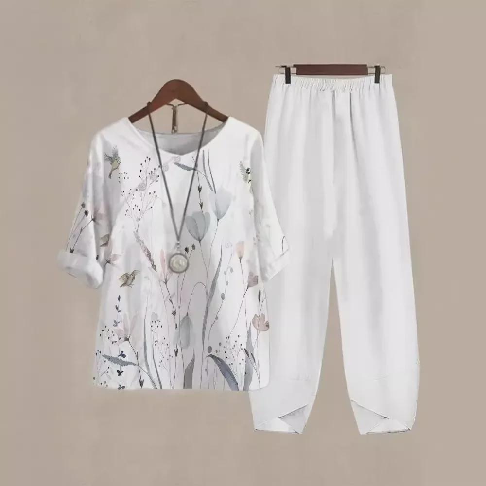 2023 Women's Casual Round Neck Five-Sleeve Top & Digital Print Two-Piece Set
