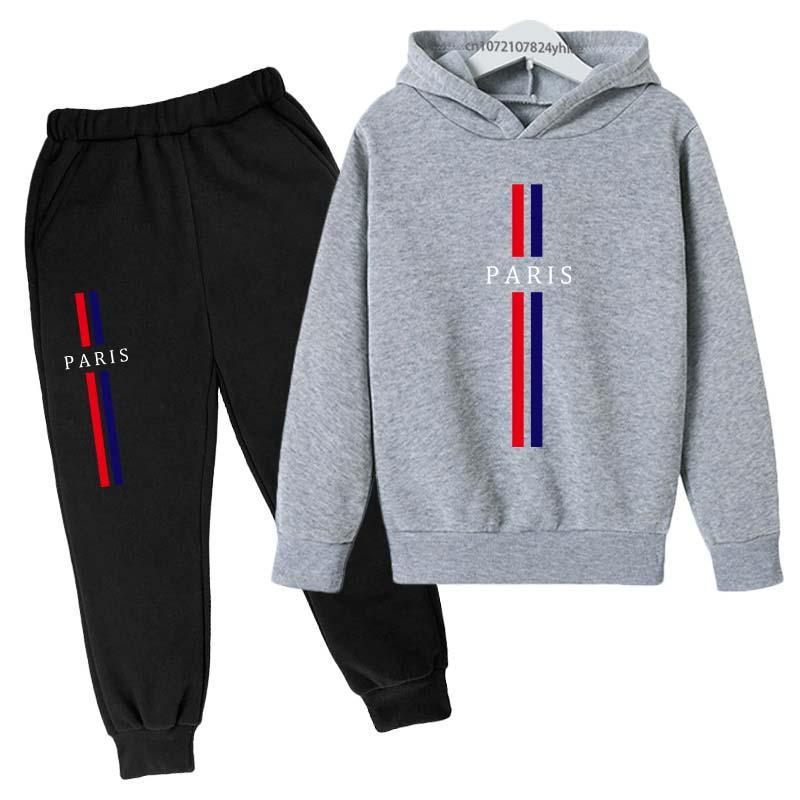 Jungen und Mädchen Herbst Freizeit Buchstabe Paris Aufdruck Hoodie+Hosen Anzug Mode Einfach Sport 2-teiliges Set Sport Trainingsanzug