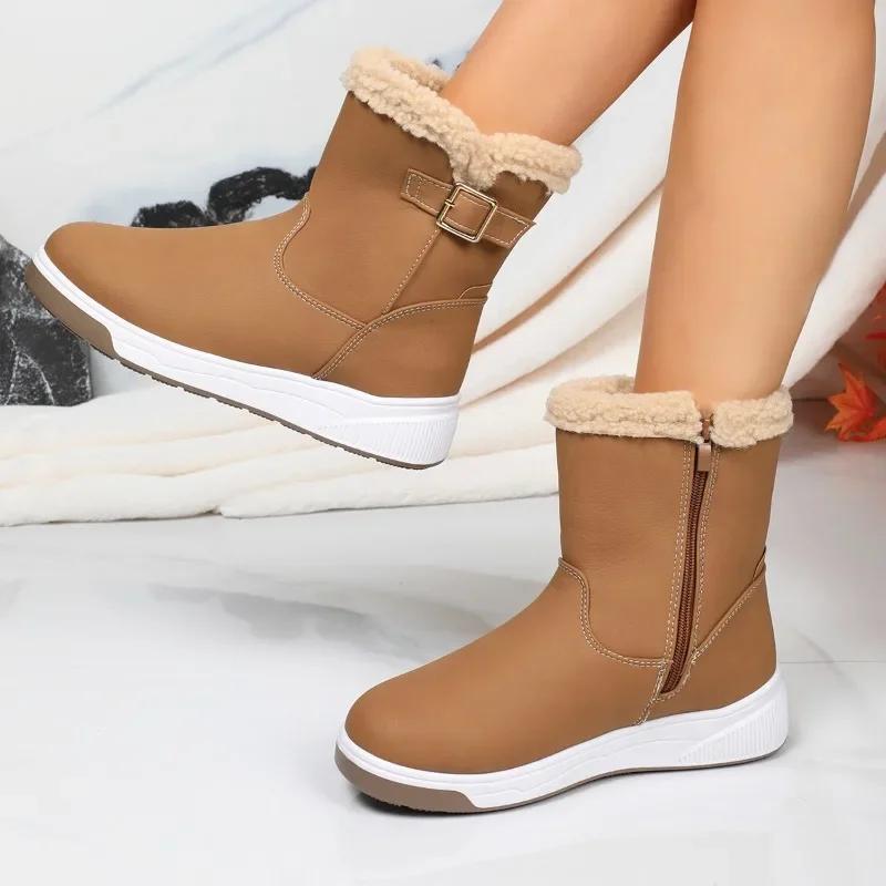 Women Snow Boots Thickened Warm Casual Leather Boots Short High Top Outdoor Non-slip Warm Plush Winter Plush Fashion Boots