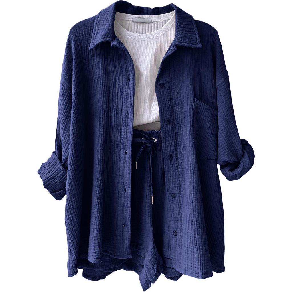 2024 Autumn Women's Two-Piece Set: Wrinkled Long Sleeve Shirt & High Waist Drawstring Shorts