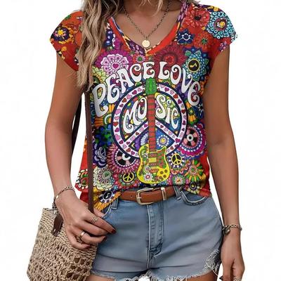 New Casual and Versatile Trendy High-quality Women's 3D Printed V-neck T-shirt