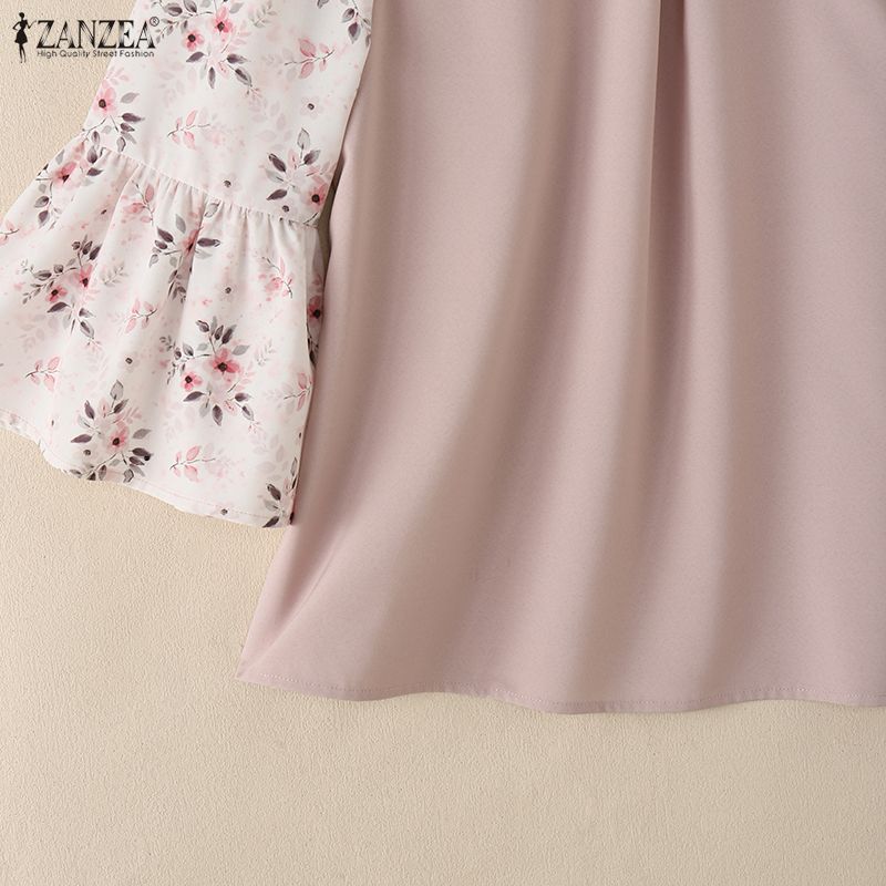 ZANZEA Women Casual Floral Print Splice 3/4 Sleeve Loose Blouse
