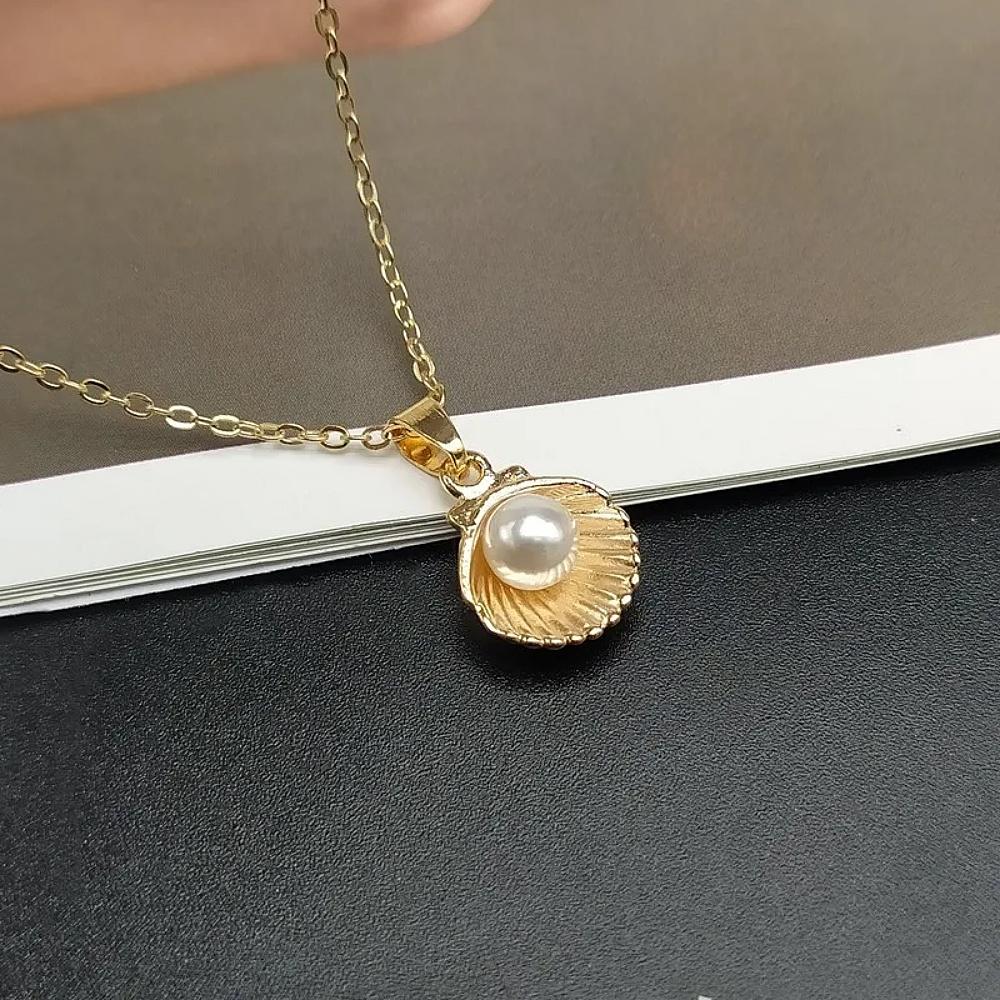 Imitation Pearl Shell Pendant Necklace Women's Ocean Series Style Elegant Short Clavicle Chain Necklace