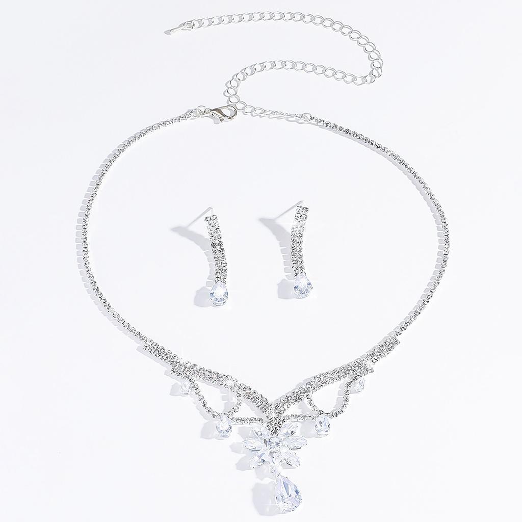 3PC Women's Fashion Water Diamond Flower Drop Necklace Earring Set, Suitable for Wedding and Festival Gifts -8458