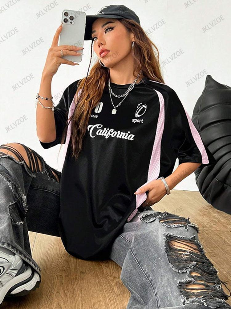 Summer Black and Pink Retro Patchwork T-Shirt, Sports Breathable Short-Sleeve Women's T-Shirt