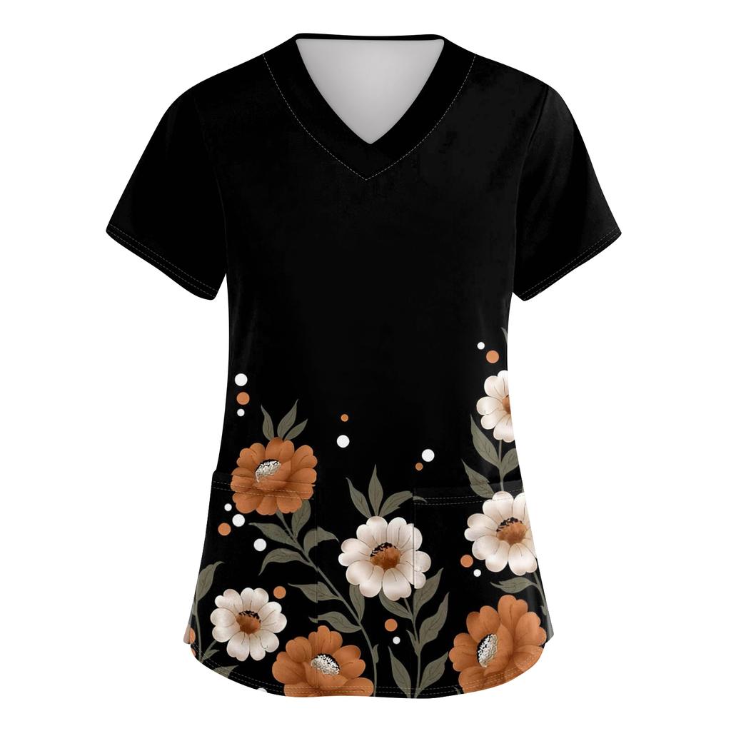 Damen V-Ausschnitt Cartoon-Print Kurzarm Tasche Seitenschlitz Schutzkleidung Oberteil