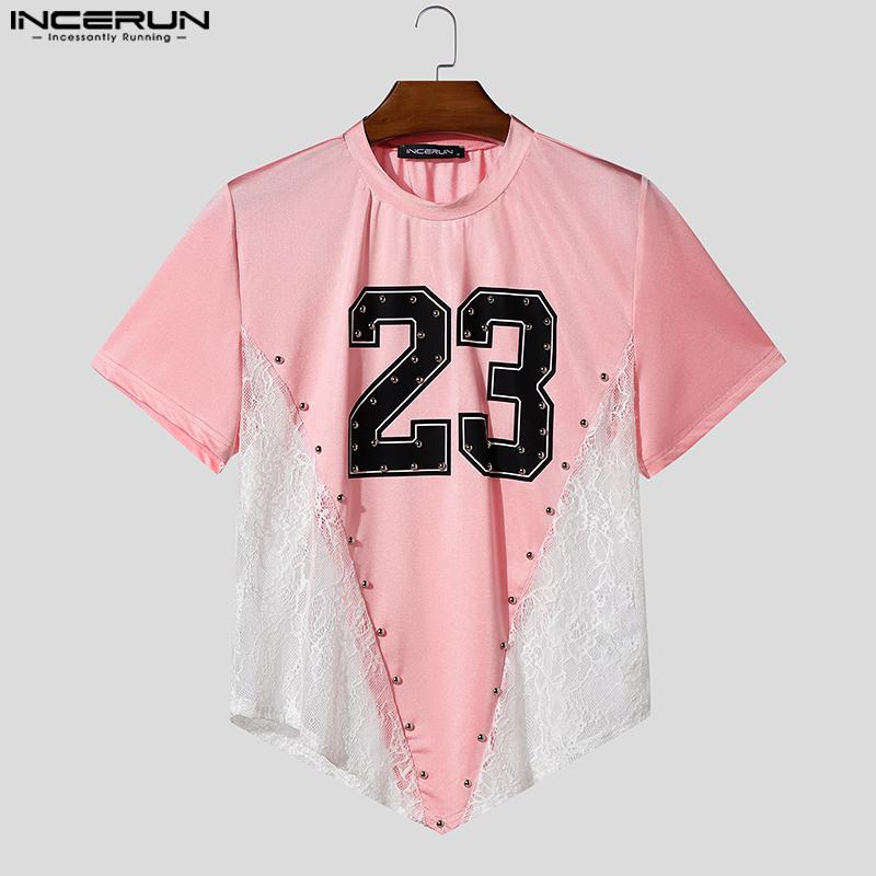 INCERUN Men O Neck Short Sleeve Letter Print Lace Patchwork Irregular Tops T-shirts