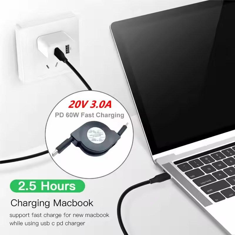 PD 60W USB C To USB C Data Cable Retractable  Notebook Fast Charging Cord Compatible with Type C Phone Switch Tablets