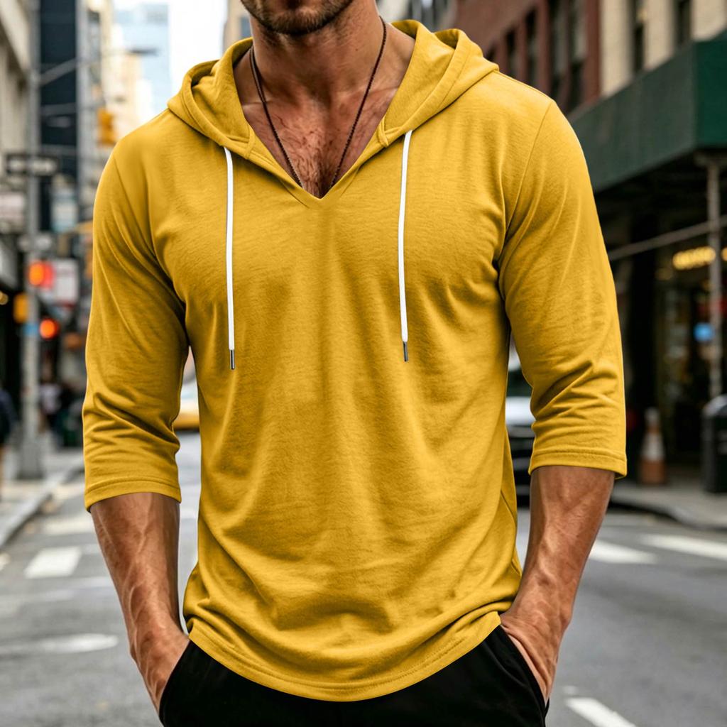 Men's Loose Fit Casual Hoodie Lightweight Pullover with Three Quarter Sleeve Drawstring Hooded Shirt for Everyday Wear