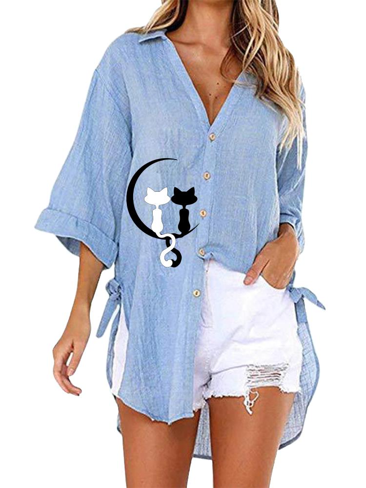 Women Fashion Half Sleeve Blouse Casual Cat Print Top Ladies V-neck Loose Long T-shirt