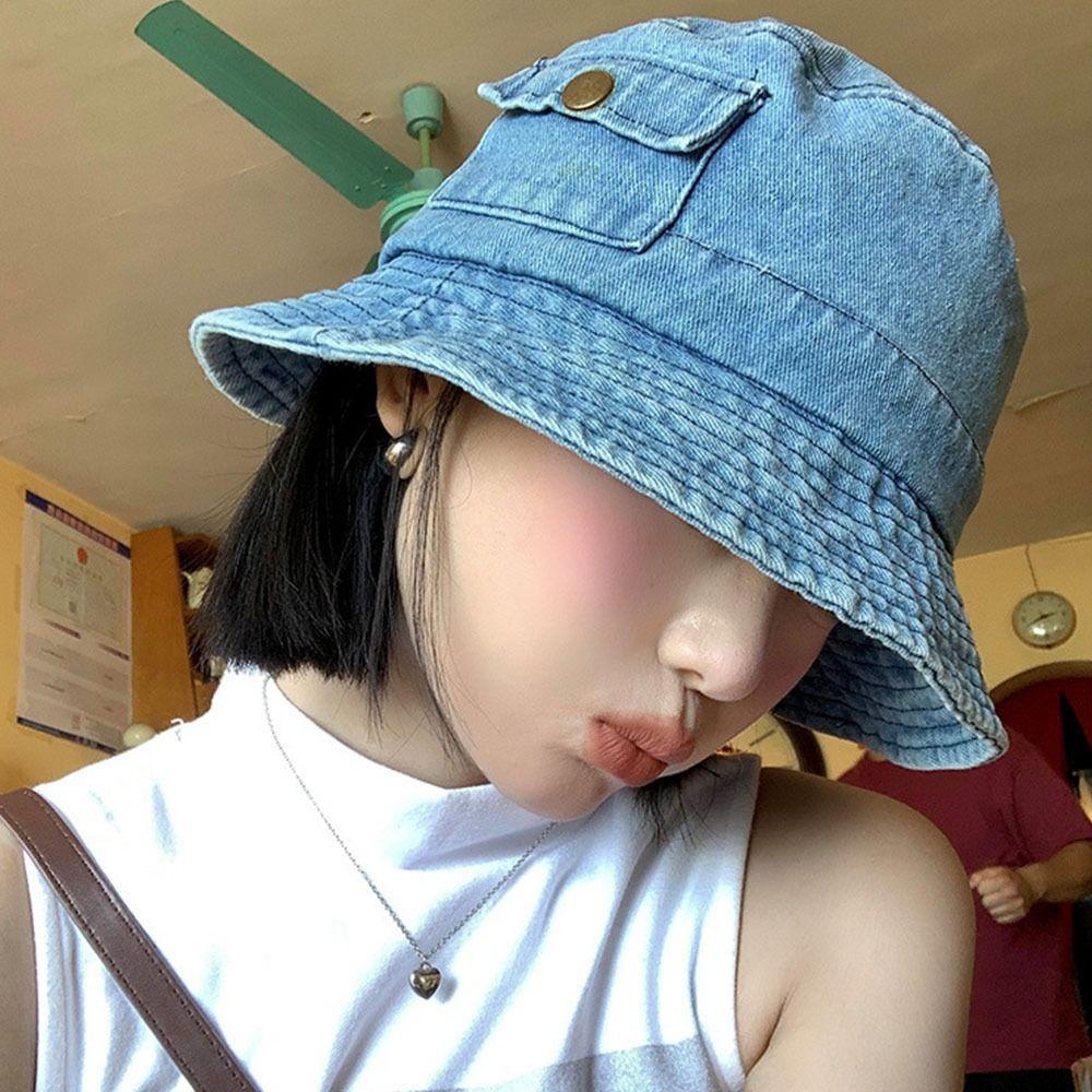 Solid Color Pocket Sun Hats Vintage Fisherman Cap New Denim Bucket Hat  Men Women