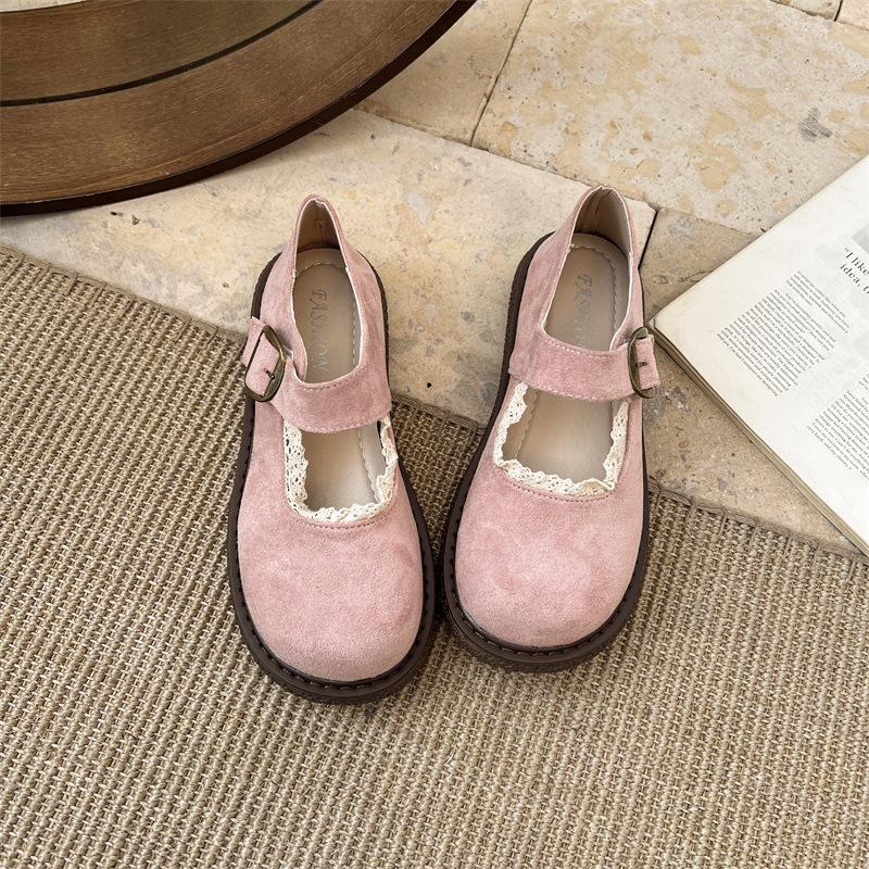 JK Round Head Lace Mary Jane Small Leather Shoes Women's 2025 Spring and Summer New with Skirt Flat Bottom Shallow Mouth