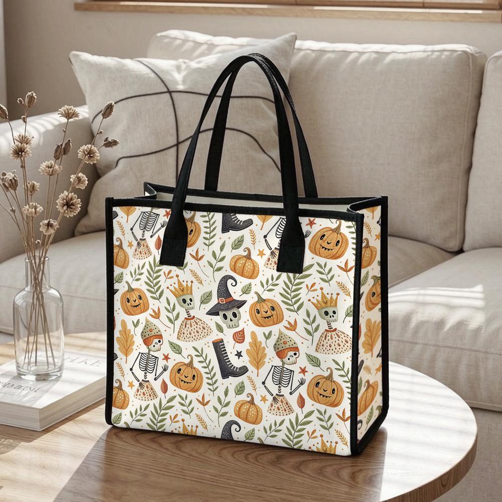 Halloween Print Tote Bag Cute Canvas Handbag Casual Shopping Shoulder Bag for Holiday Use