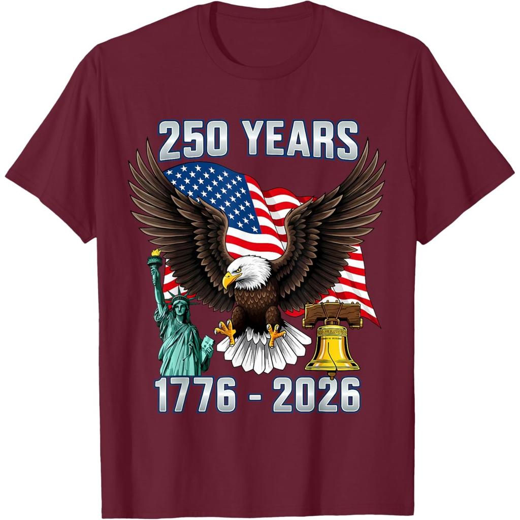 250 Years American 1776-2026 Bicentennial Eagle Graphic T-Shirt Casual Short Sleeve Tee