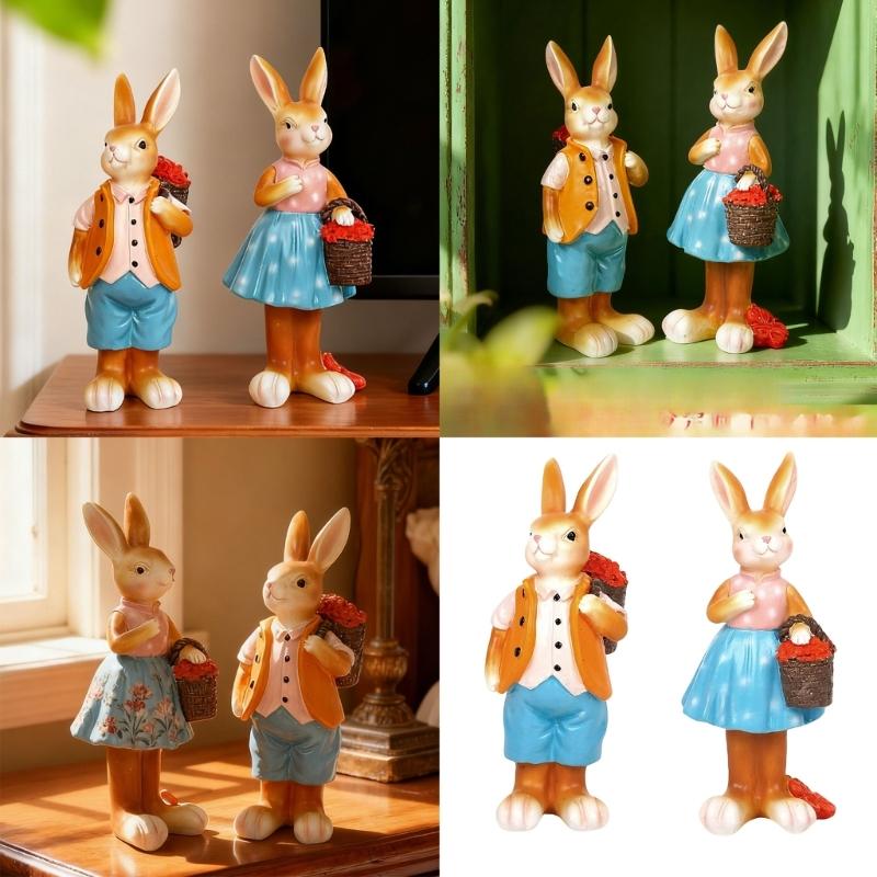 2Pcs Easter Rabbit Cartoon Resin Figurines for Enhancing Holiday Atmospheres Practical Home and Office Decoration