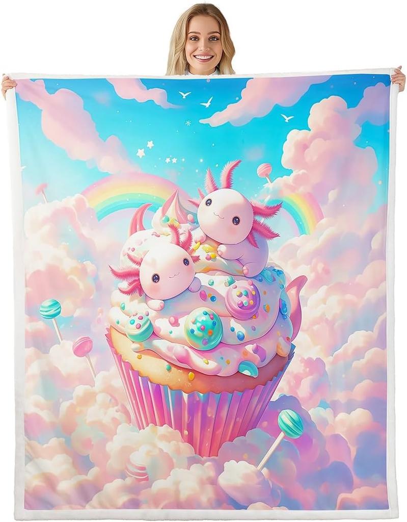 Cute Pink Axolotl Blanket Soft Fleece Throw Cherry Blossom Design Fantasy Art Kids Room Decor