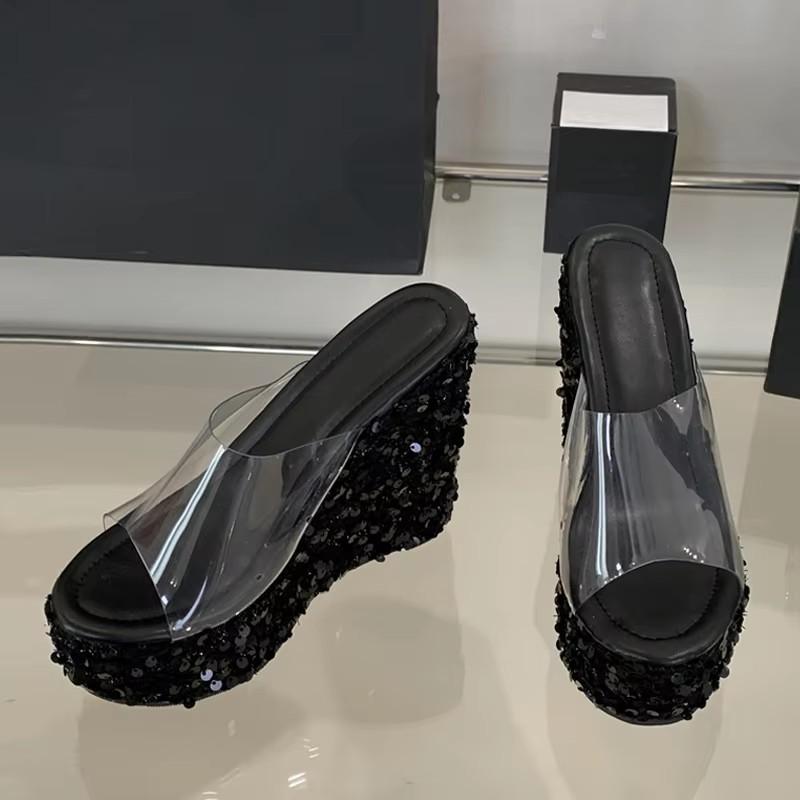 Fashion Silver Metal Flowers Women Wedges Slippers Sequined Platform High Heels Transparent Sandals Female Party Prom Shoe