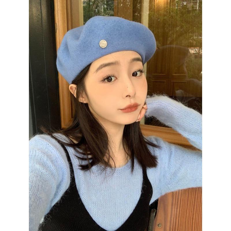 Beret Women's Autumn and Winter Versatile Temperament Retro Fashionable Small Fragrance Style Solid Color Hat Showing Small Face