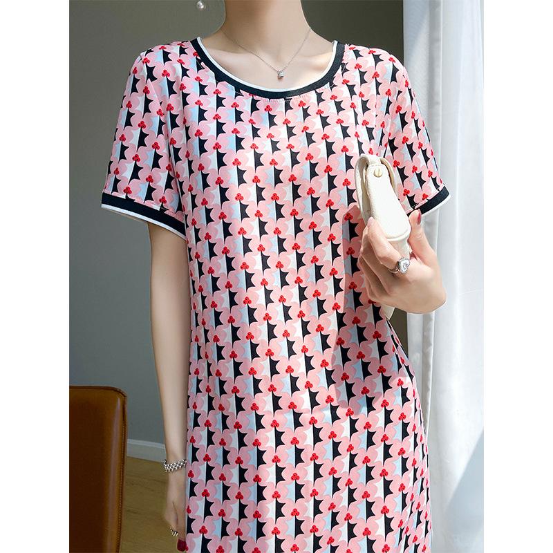 Women's Crew-neck Dress Summer Splicing Loose Large Size Fashion Short-sleeved Mid-length Dress