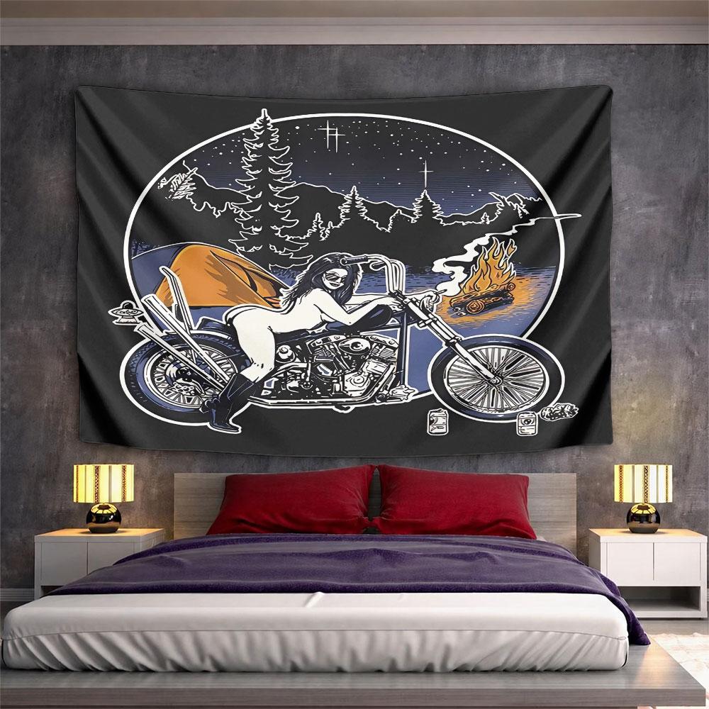 Vintage Motorcycle Camping Night Scene Tapestry Wall Hanging Retro Biker Outdoor Art Decor for Bedroom Man Cave