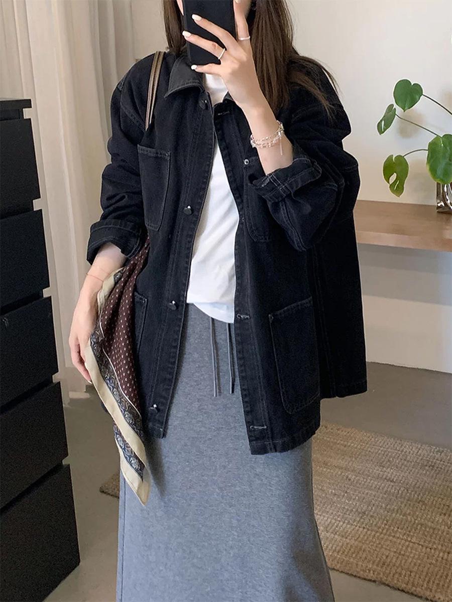 

PIUS Women s Korean-Style Black Denim Jacket with Leather Accents One Size (90-150 jin)