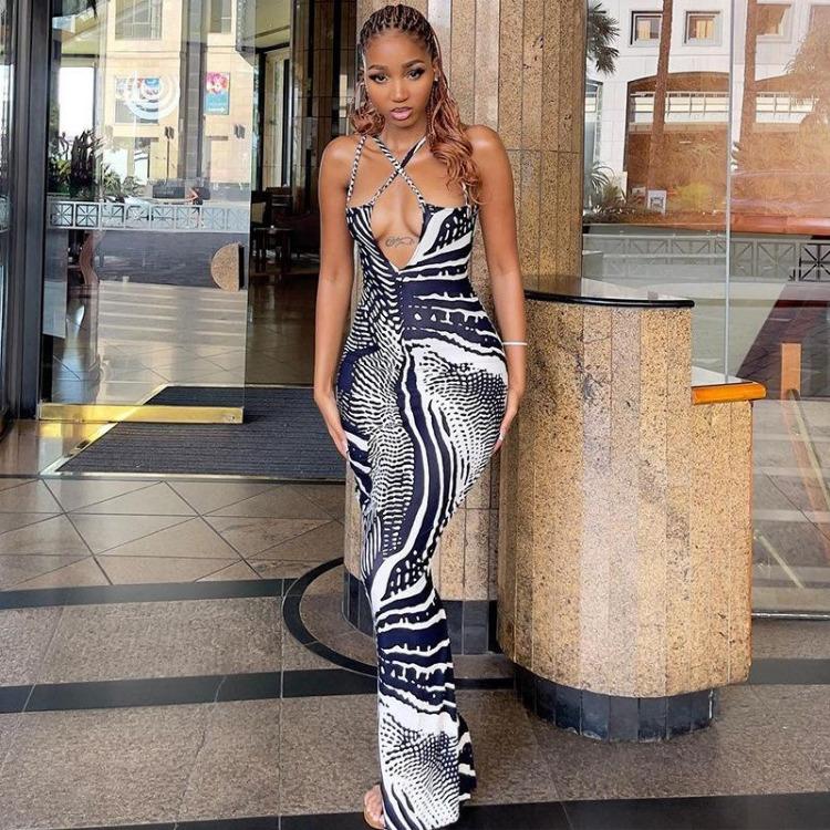 Summer Women Sleeveless V-Neck High Waist Backless Slit Pencil Dress Casual Spring Print Camisole Dresses Ankle-Length S-XL