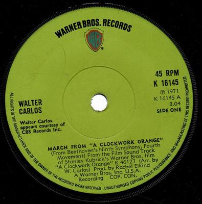 7inch Record WALTER CARLOS - March From "A Clockwork Orange" / T K16145 Warner Bros. Re 1971 UK Classical Used
