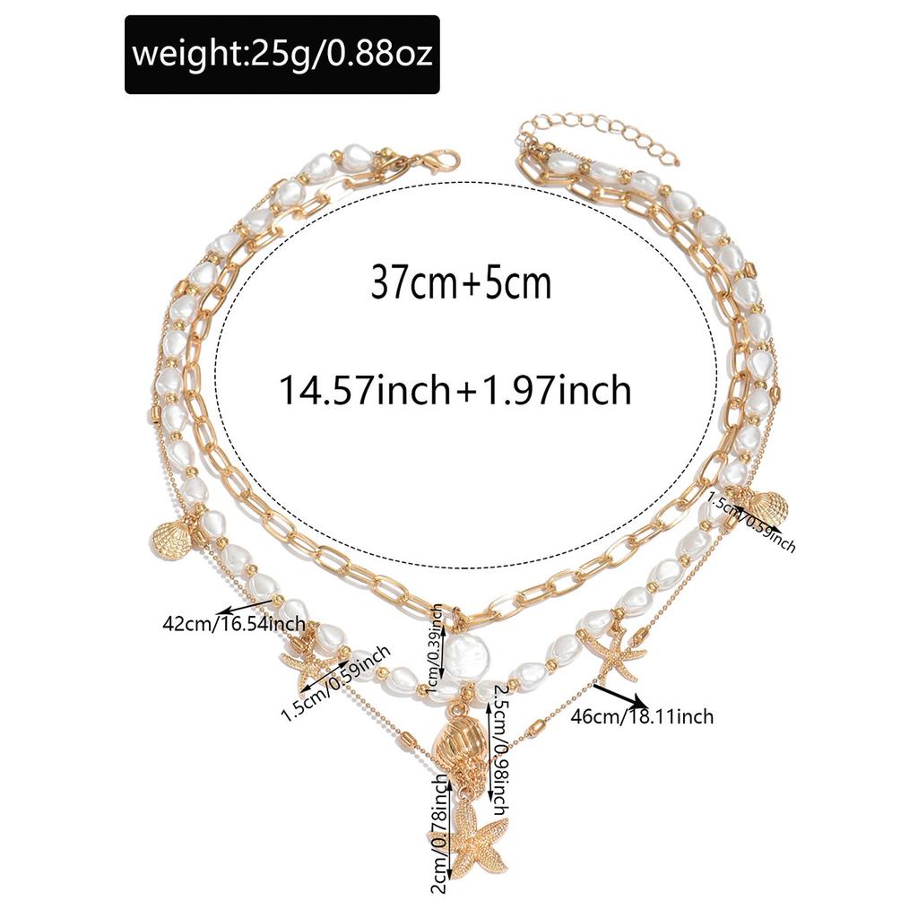 European and American summer seaside starfish conch necklace women's multi-layer stacking design vacation imitation pearl collarbone chain