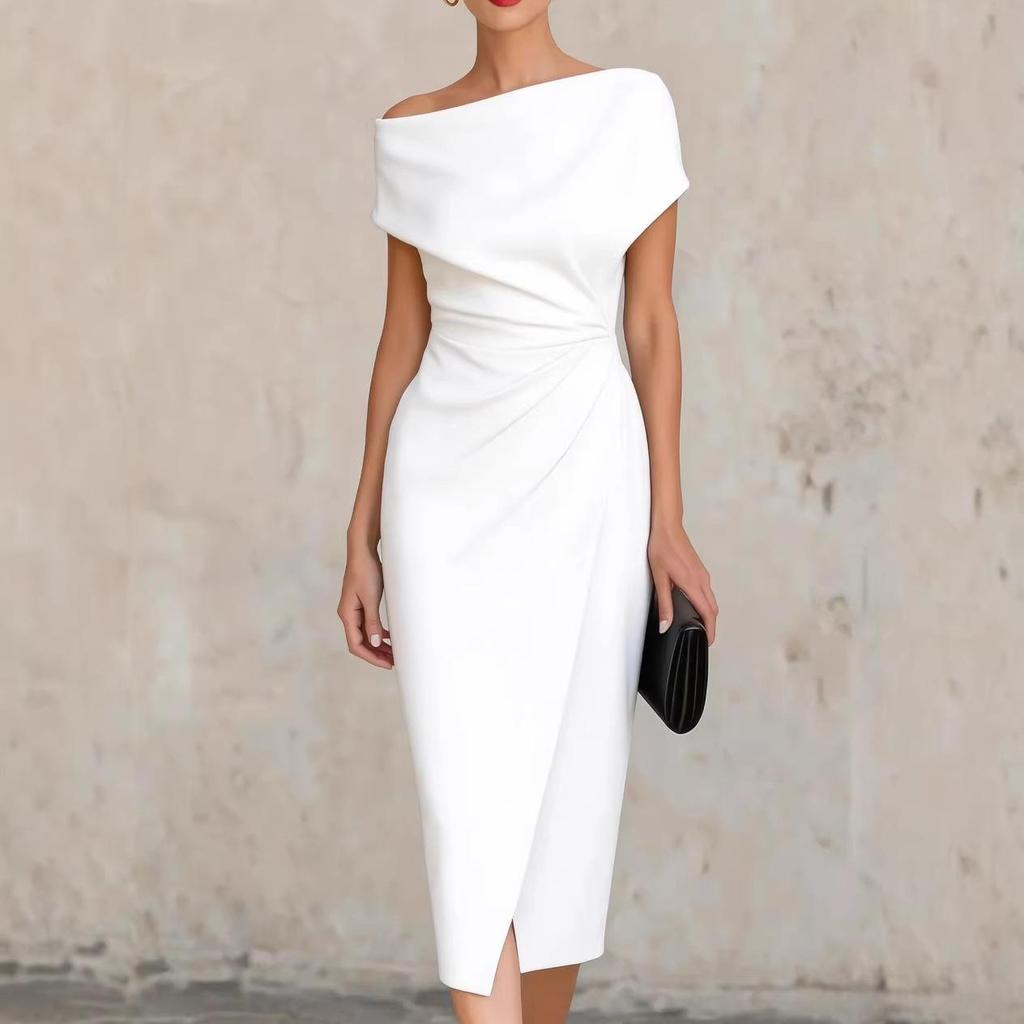2026 European & American One-Shoulder Waist-Cinched Pleated Slit Evening Gown for Banquets & Commutes